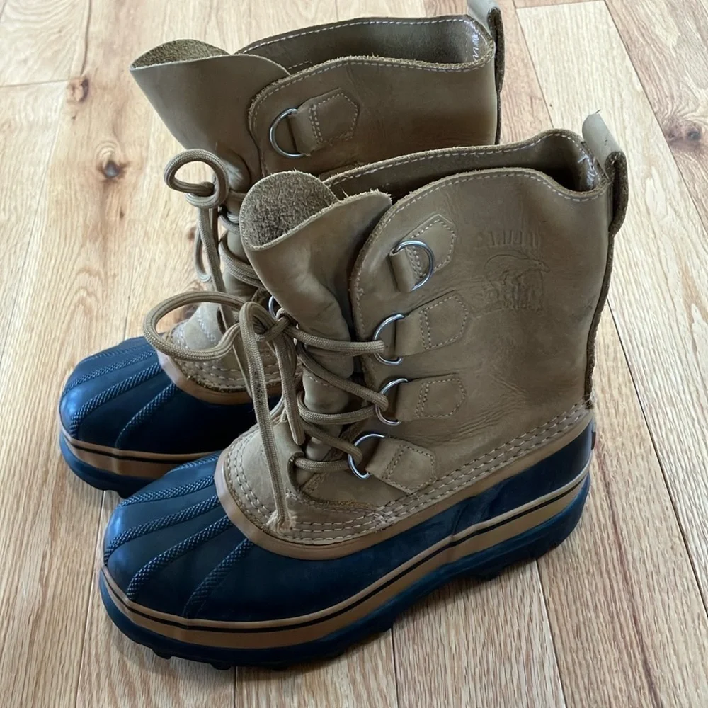 Sorel Caribou waterproof Tan and Black Leather Lace-Up Winter Boots - Picture 2 of 6